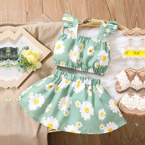 Beast4you Girls Allover Daisy Floral Green Off-Shoulder Crop Top & Skirt Set For Baby Girls.