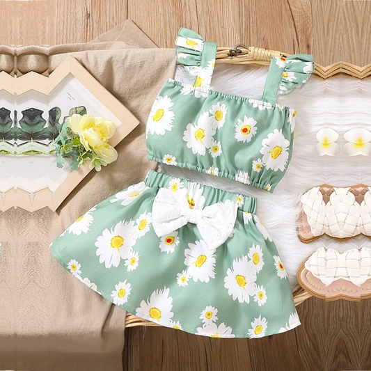 Beast4you Girls Allover Daisy Floral Green Off-Shoulder Crop Top & Skirt Set For Baby Girls.