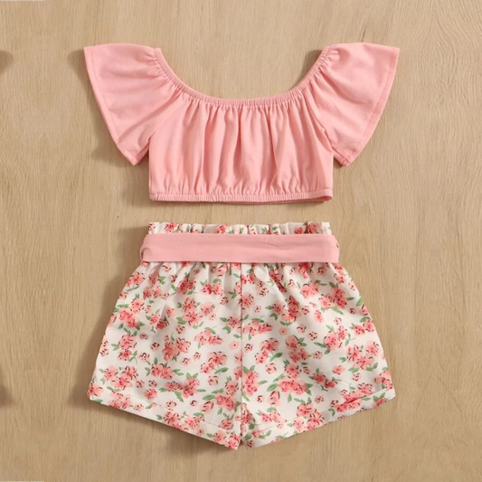 Beast4you Crop Pink Floral Stylish Butterfly Sleeve Top And Belted Shorts For Baby Girls.