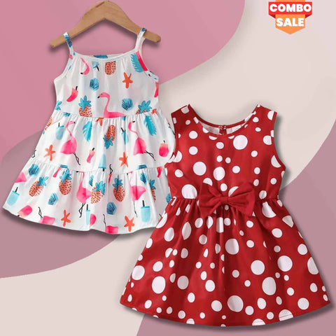 Beast4you BabyGirl's Stylish Flamingo & Dot Red Ruffle Trim Frock Dresses_Frocks (Combo Pack Of 2) for Baby Girl.