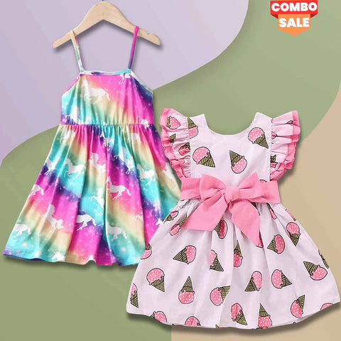 Beast4you Princess BabyGirl's Multi Horse & Ice Cream Designer Tunic Dresses_Frocks (Combo Pack Of 2) for Kids.