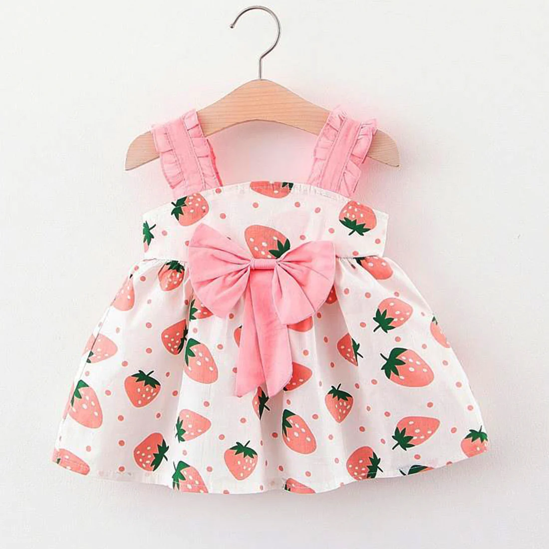 BabyGirl's Pink Strawberry Stylish Strips Design Midi Frock Dress for Kids.