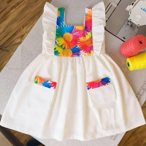 Beast4you Stylish BabyGirl's White Pocket & Yellow Multi Lining & Multicolor Lining Dresses_Frocks 3 Combo for Kids.