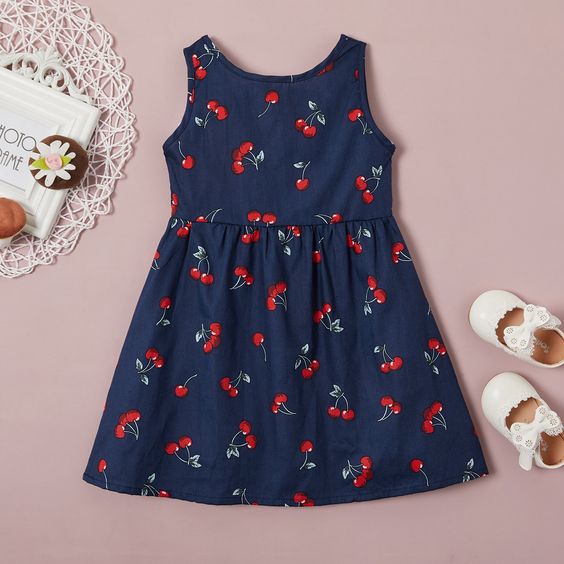 BabyGirl's Cotton Blue Cherry Stylish Frocks & Dresses for Kids.