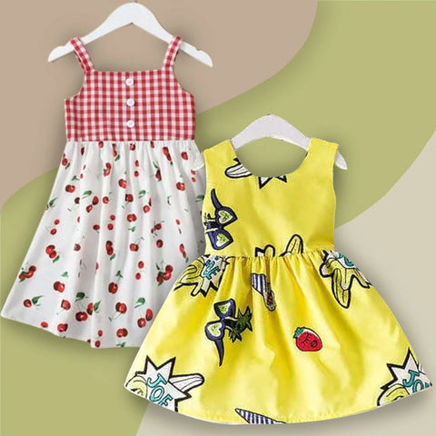 Beast4you BabyGirl Stylish Yellow & Cherry Contrast Schiffy Floral Dresses_Frocks Combo Pack for Baby Girls.