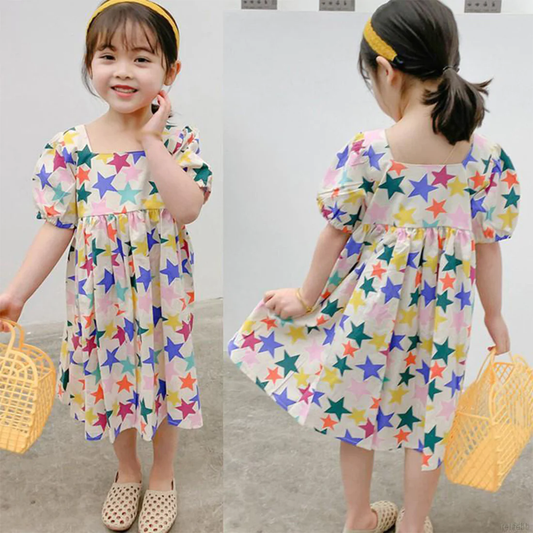 BabyGirl's Princess Stylish Cotton Multicolor Star Designer Frocks & Dresses for Kids.