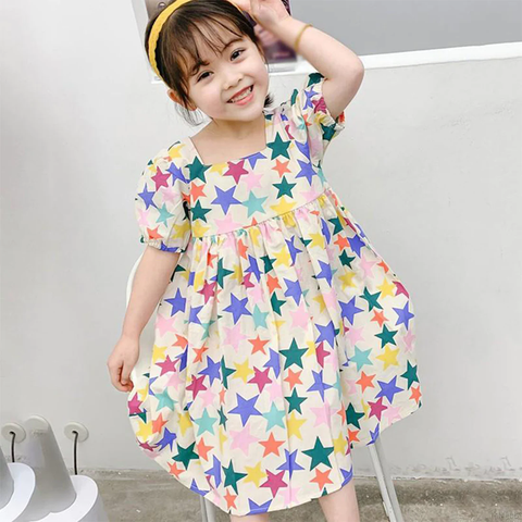 BabyGirl's Princess Stylish Cotton Multicolor Star Designer Frocks & Dresses for Kids.