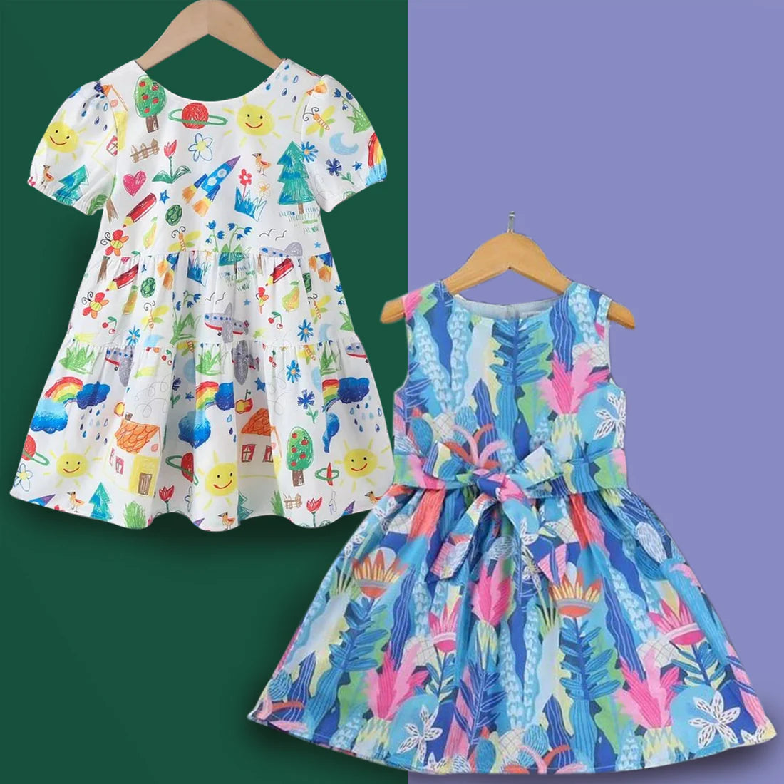 Beast4you BabyGirl Cotton Pencil Drawing & Multicolor Designer Tunic Dress Combo Pack for Baby Girls.