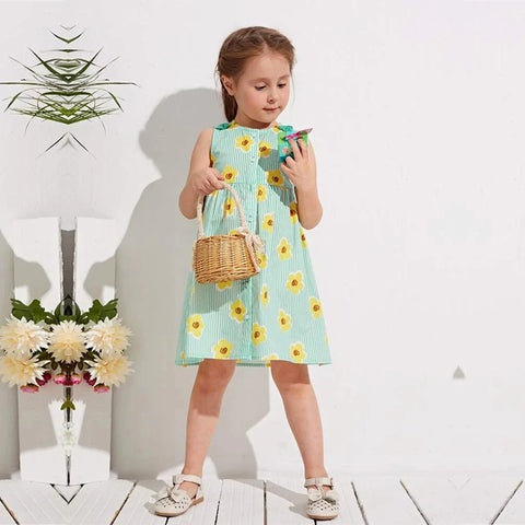 Beast4you Stylish BabyGirl's Light Green Striped Sunflower & Floral Dresses_Frocks (Combo Pack Of 3) For Kids.