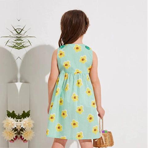 Beast4you Stylish BabyGirl's Light Green Striped Sunflower & Floral Dresses_Frocks (Combo Pack Of 3) For Kids.