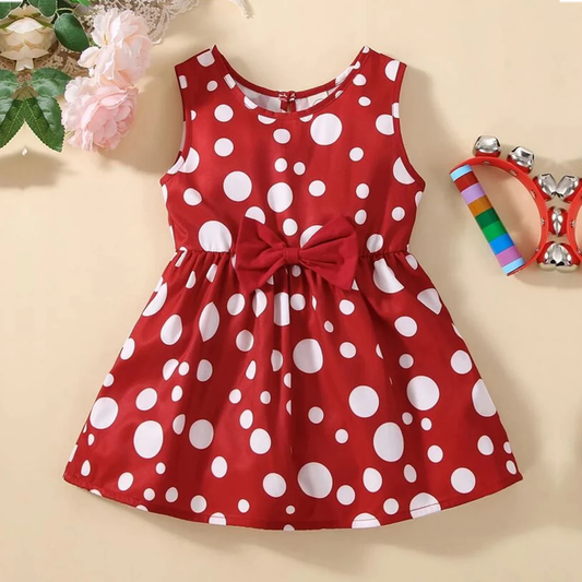 BabyGirl's Cotton Polka Red Dot Bow Front Stylish Frocks & Dresses for Kids.