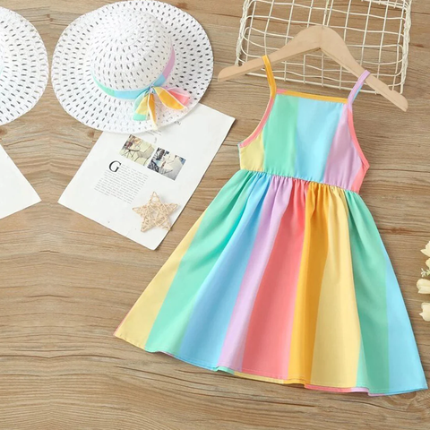 BabyGirl's Cotton Colorful Stripe Rainbow Lining Frocks & Dresses for Kids.