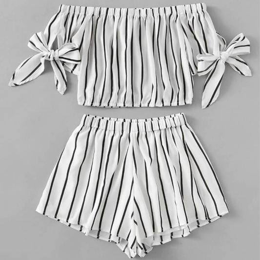 Beast4you BabyGirl's Off Shoulder Top And Stripes Shorts Set For Kids.