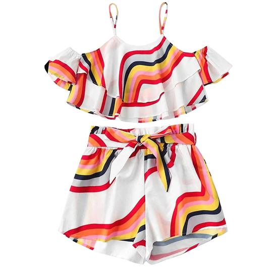 Beast4you BabyGirl's Off Shoulder Lining Top Sleeveless And Stripes Shorts Set For Kids.