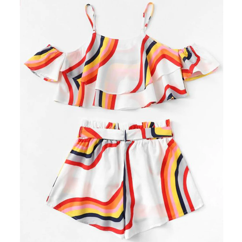 Beast4you BabyGirl's Off Shoulder Lining Top Sleeveless And Stripes Shorts Set For Kids.