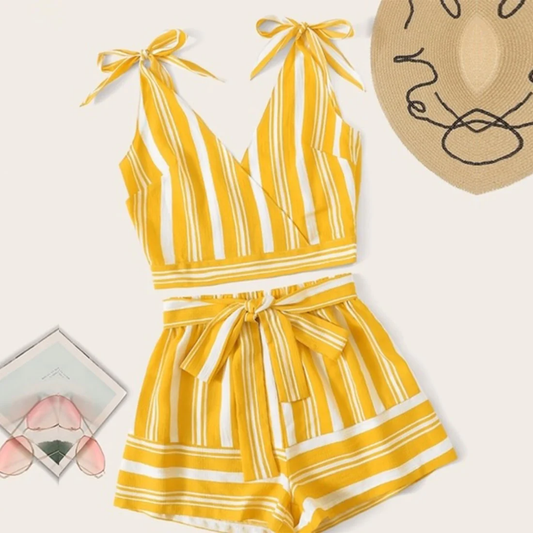 Beast4you Crop Stylish Yellow Lining Top Sleeveless And Shorts For Baby Girls.