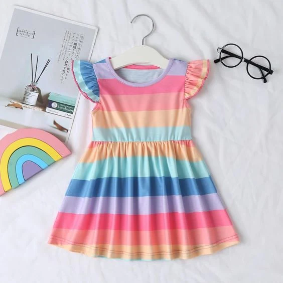 Kids Stylish Colorfull Strips Design Midi Frock Dress for Baby Girl.