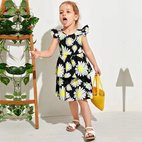 Beast4you Stylish BabyGirl's Light Green Striped Sunflower & Floral Dresses_Frocks (Combo Pack Of 3) For Kids.