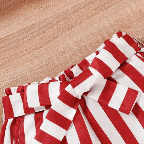 Beast4you Babydoll Red Puff Sleeve Top & Striped Belted Shorts For Baby Girls.