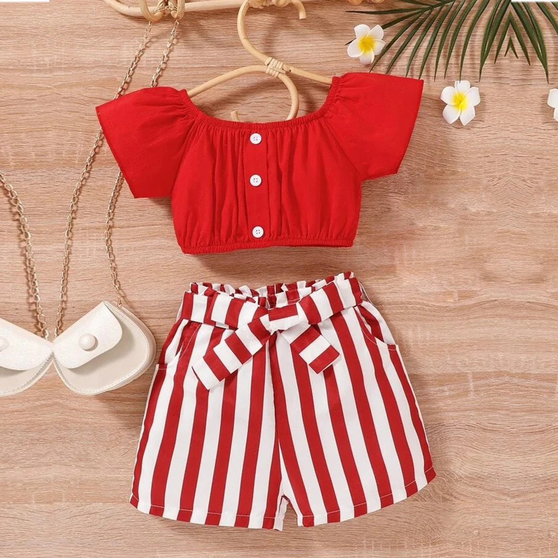 Beast4you Babydoll Red Puff Sleeve Top & Striped Belted Shorts For Baby Girls.