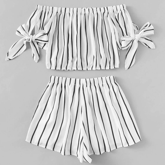 Beast4you BabyGirl's Off Shoulder Top And Stripes Shorts Set For Kids.