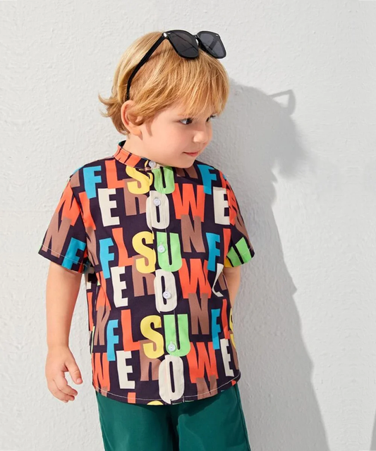 Beast4you Letter Graphic Mock Neck & Button Front Shirt For Boy.