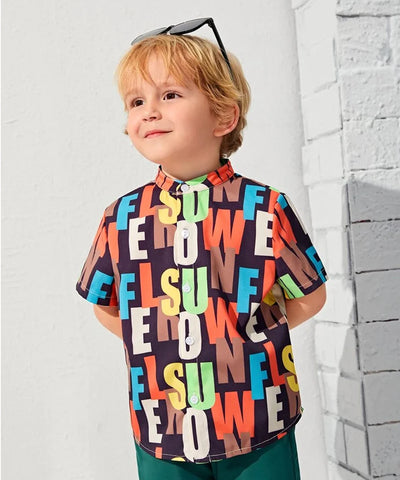 Beast4you Multicolor & Letter Graphic Designer Button Front Shirt For Boy.