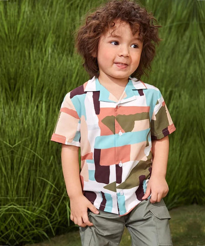 Beast4you Multicolor & Letter Graphic Designer Button Front Shirt For Boy.