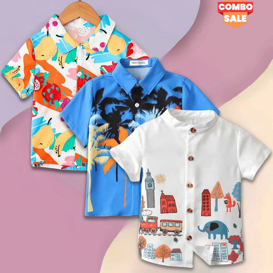 Beast4you Boy's London City & Coconut Tree and Fruits Designer Button Front (Combo Pack Of 3) Shirt For Boy.