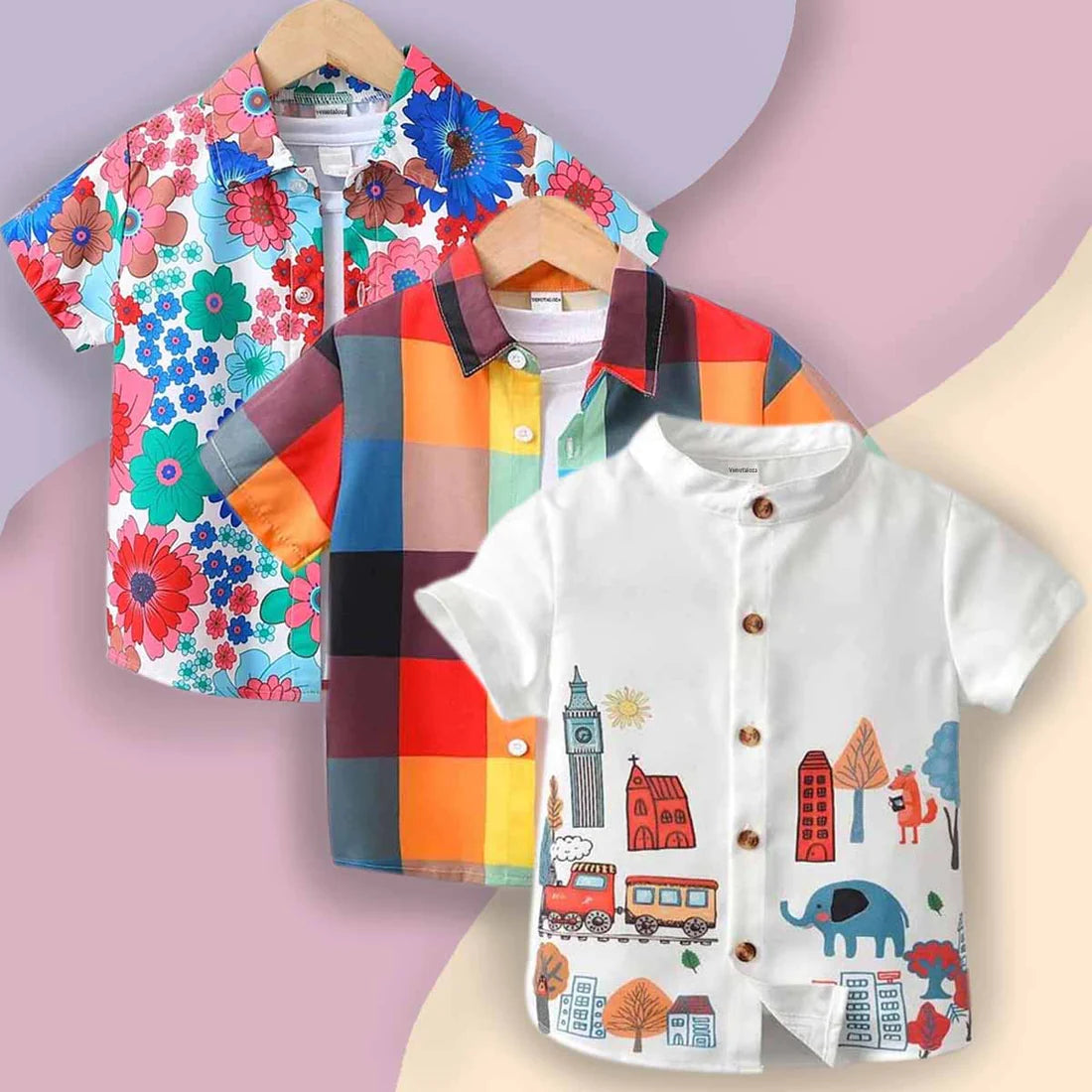 Beast4you Boy's London City & Floral and Plaid Patched Pocket Designer Button Front (Combo Pack Of 3) Shirt For Boy.