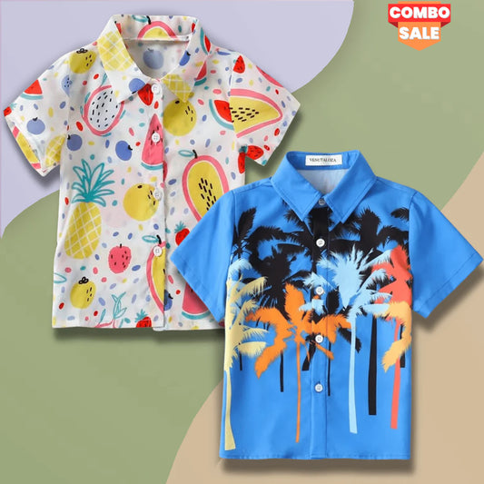 Beast4you Tropical Coconut Tree & Fruits Designer Button Front Shirt For Boy.