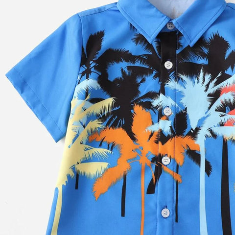 Beast4you Tropical Coconut Tree & Fruits Designer Button Front Shirt For Boy.