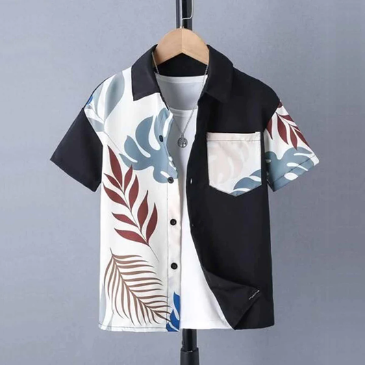 Beast4you Toddler Boy Contrasting Color Leaves Pattern & Button Front Shirt For Boy.