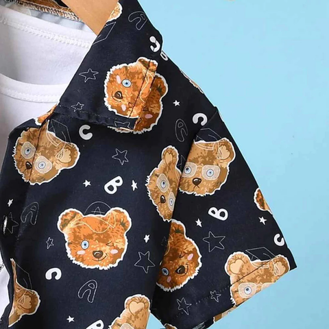 Beast4you Bear Designer Print Button Front Shirt For Boys.