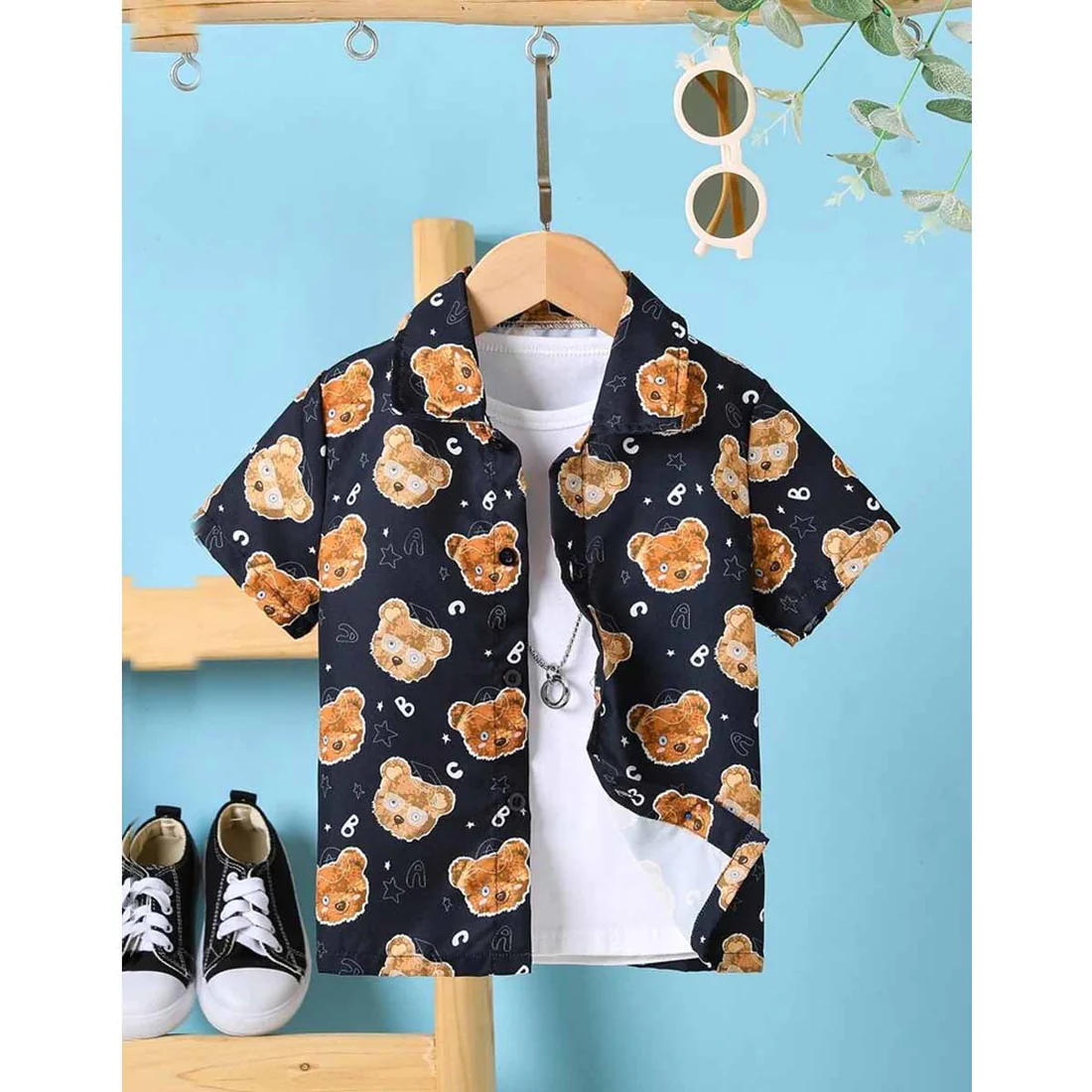 Beast4you Bear Designer Print Button Front Shirt For Boys.