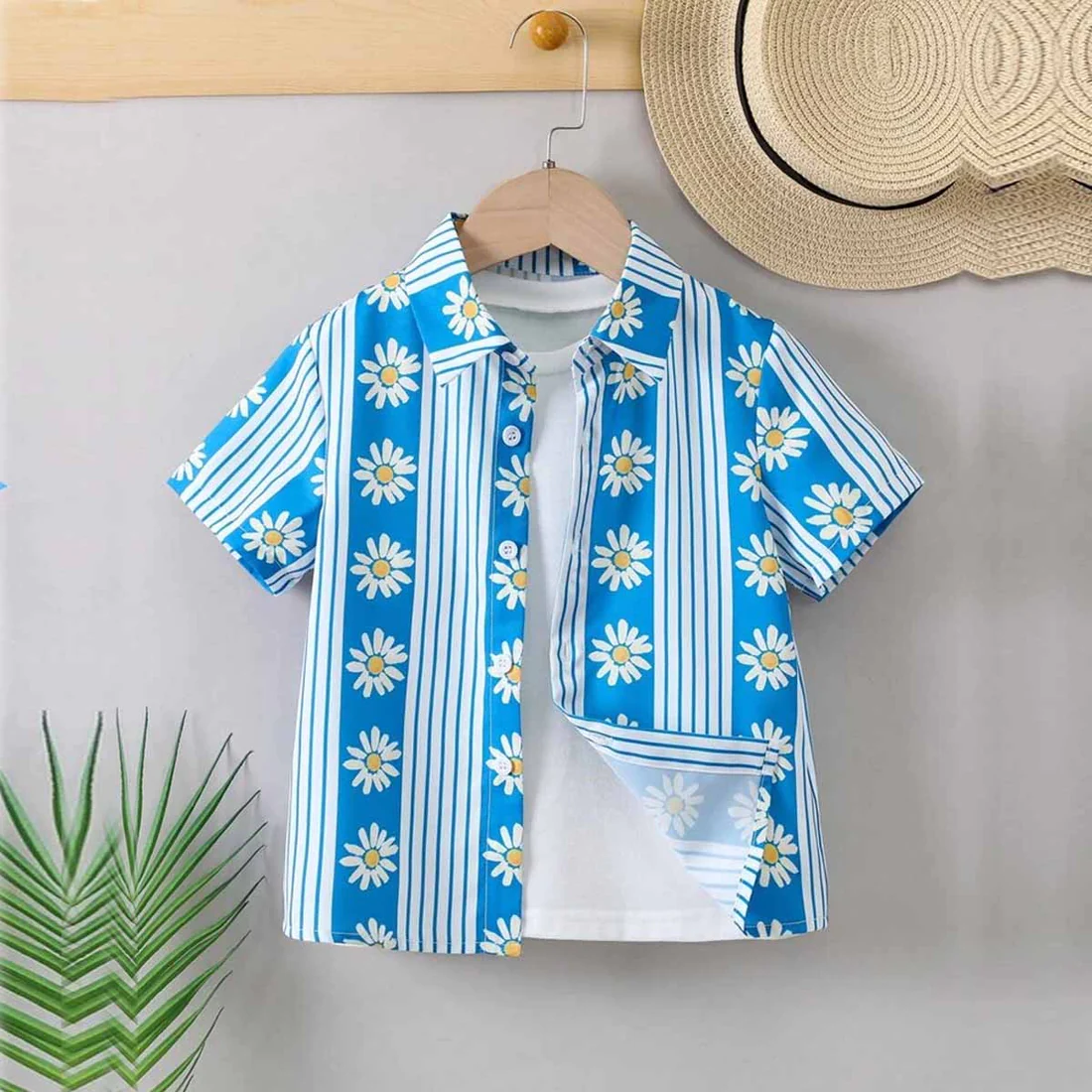 Beast4you Boys Daisy And Striped Designer Print Button Front Shirt For Boy.