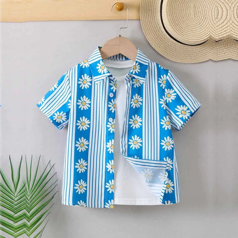 Beast4you Boy's Tropical's & Daisy And Striped and Plaid Patched Pocket Designer Button Front (Combo Pack Of 3) Shirt For Boy.