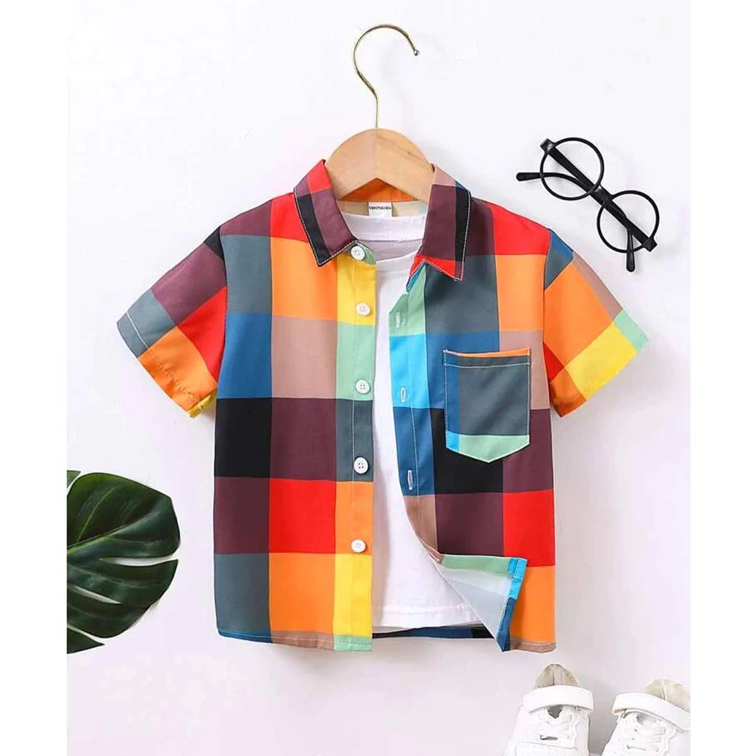 Beast4you Plaid Patched Pocket Designer Print Button Front Shirt For Boy.