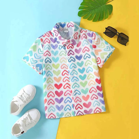 Beast4you Multicolour Heart's & Graphic Colorblock Designer Button Front Shirt For Boy.