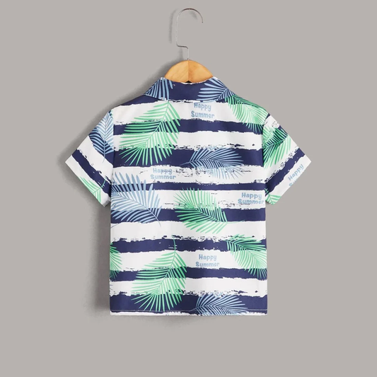 Beast4you Boy's Striped & Tropical Border Print Short Sleeve Shirt For Boy.