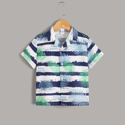 Beast4you Boy's Striped & Tropical Border Print Short Sleeve Shirt For Boy.