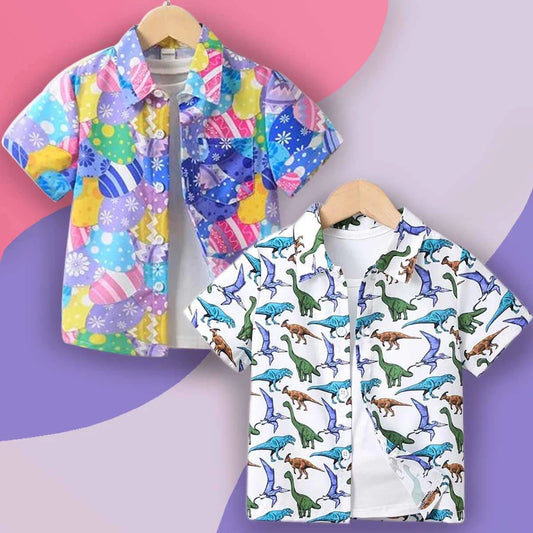 Beast4you Dinosaur & 3D Multicolor print Graphic Designer Button Front Shirt (Combo Pack Of 2) For Boy.