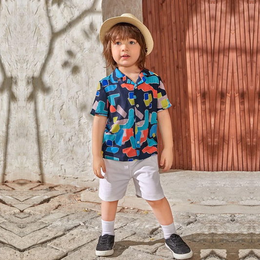 Beast4you Boy's Abstract Border Print Short Sleeve Shirt For Boy.