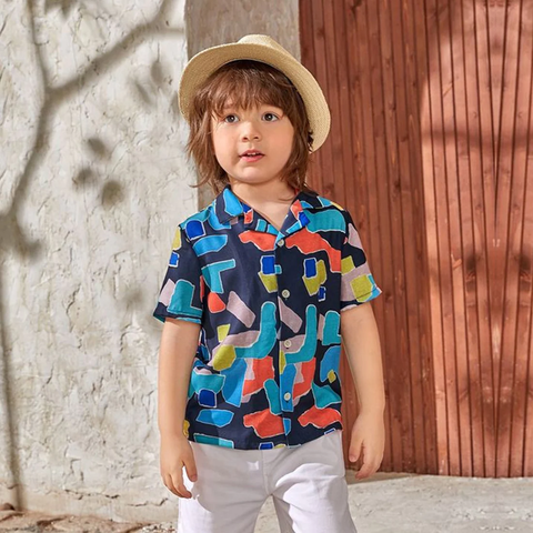 Beast4you Boy's Abstract Border Print Short Sleeve Shirt For Boy.