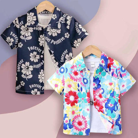 Beast4you Forever Floral print Graphic Designer Button Front Shirt (Combo Pack Of 2) For Boy.