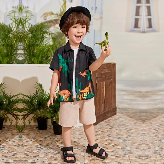 Beast4you Dinosaur Black Print Short Sleeve Shirt For Boy.