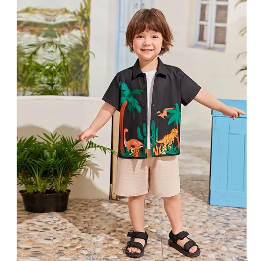 Beast4you Dinosaur Black Print Short Sleeve Shirt For Boy.