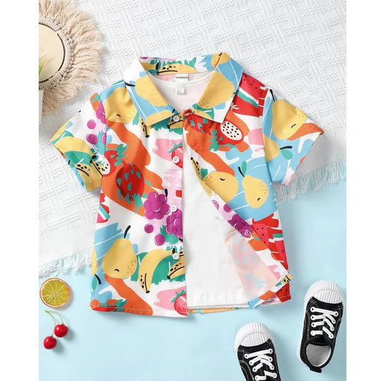 Beast4you Fruit's & 3D Multicolor print Graphic Print Designer Button Front Shirt For Boy.