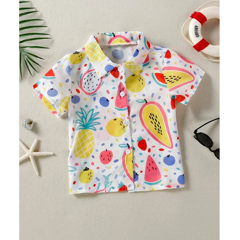 Beast4you Tropical Coconut Tree & Fruits Designer Button Front Shirt For Boy.