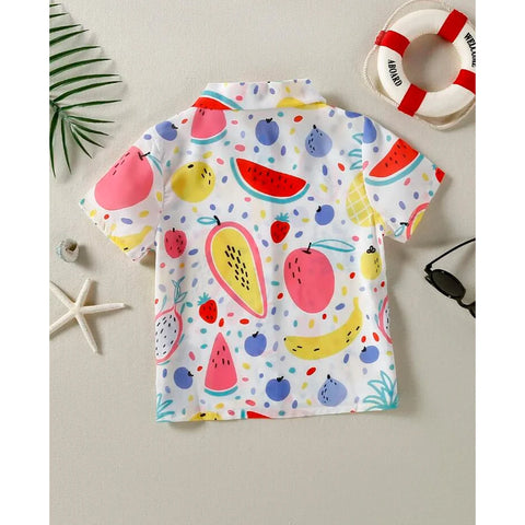 Beast4you Tropical Coconut Tree & Fruits Designer Button Front Shirt For Boy.